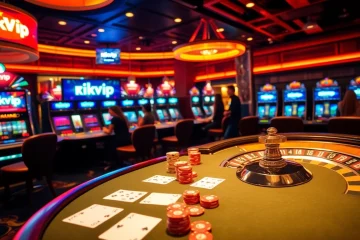 Exciting casino scene featuring Rikvip, with players at poker and a spinning roulette wheel.