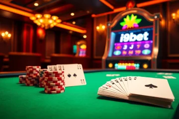 i9bet poker table with chips and cards, showcasing a thrilling online gambling experience