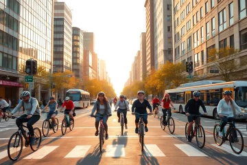Urban intersection with cyclists using IA +18 bicycle box, highlighting innovative urban mobility.