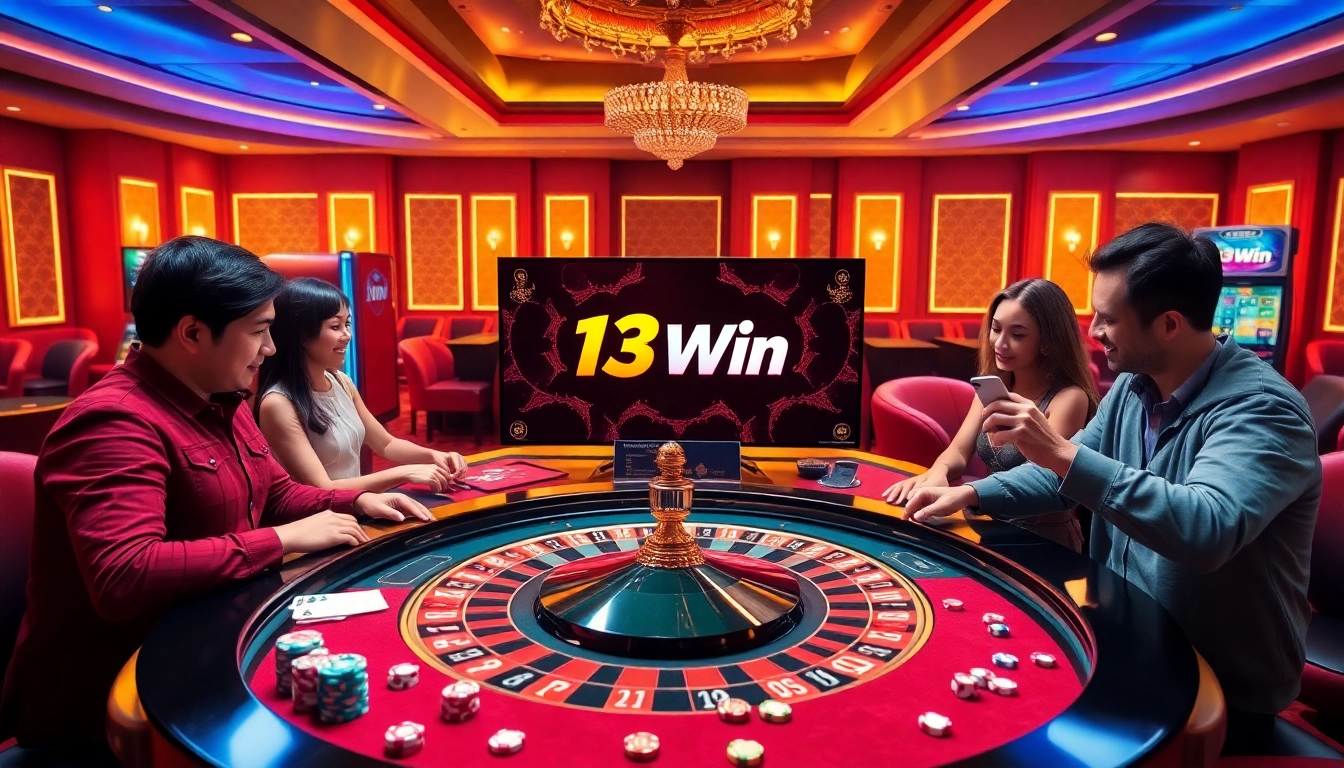 A lively casino scene at 13Win featuring players at a roulette table and vibrant poker chips.