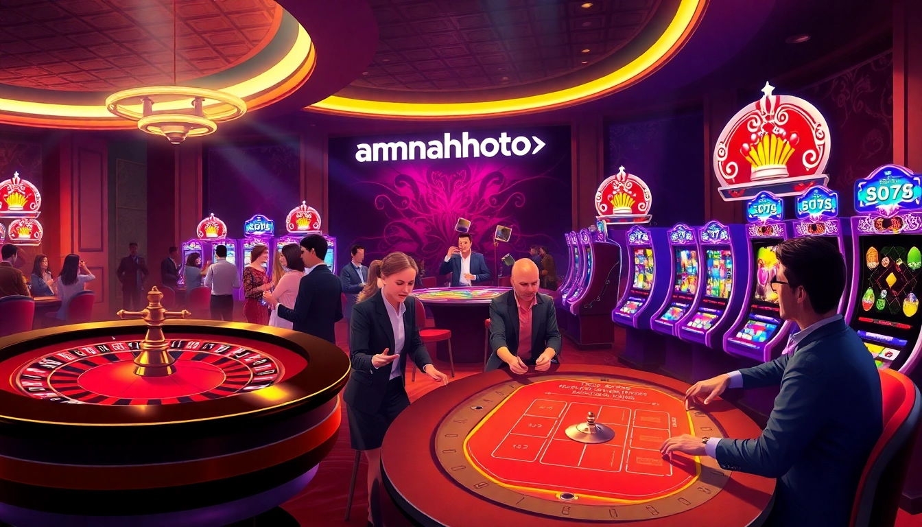 Gamblers enjoying an exciting online experience at amanahtoto, featuring slots and poker tables.