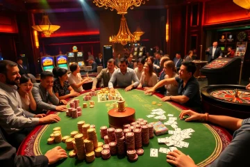 Engaged players at a j88-themed casino table, showcasing excitement in a luxurious gambling environment.