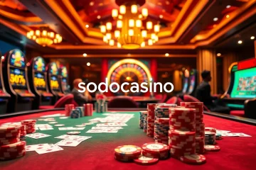 Exciting scene at sodocasino featuring colorful poker chips and slot machines in a luxurious casino atmosphere.