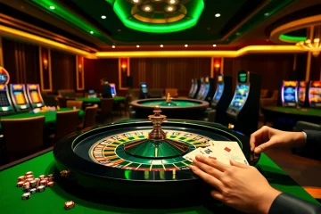 Players engaging with the F8bet online casino interface amidst an upscale casino setting.