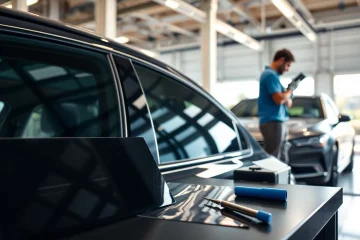 Apply auto window tint near me for a sleek finish in a modern auto shop.