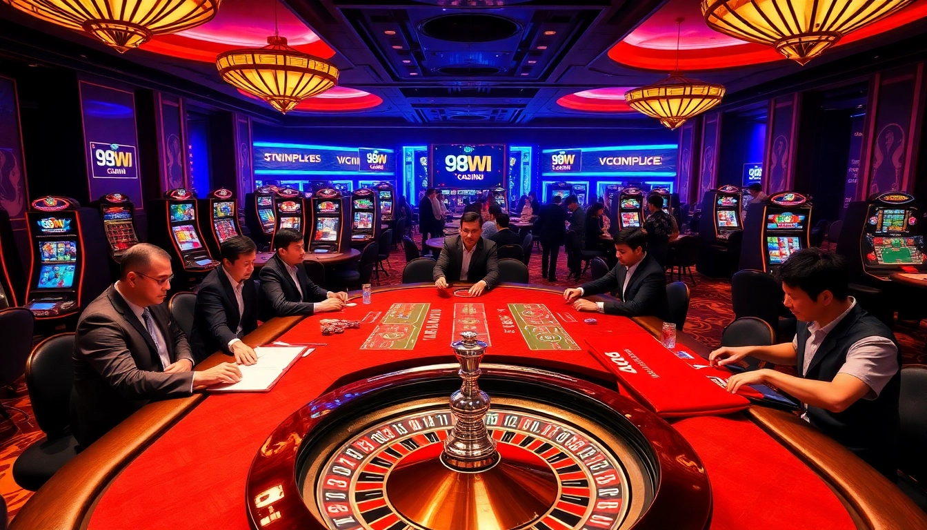 Experience the thrill of 98win đăng nhập with vibrant tables and engaged players in an upscale casino setting.