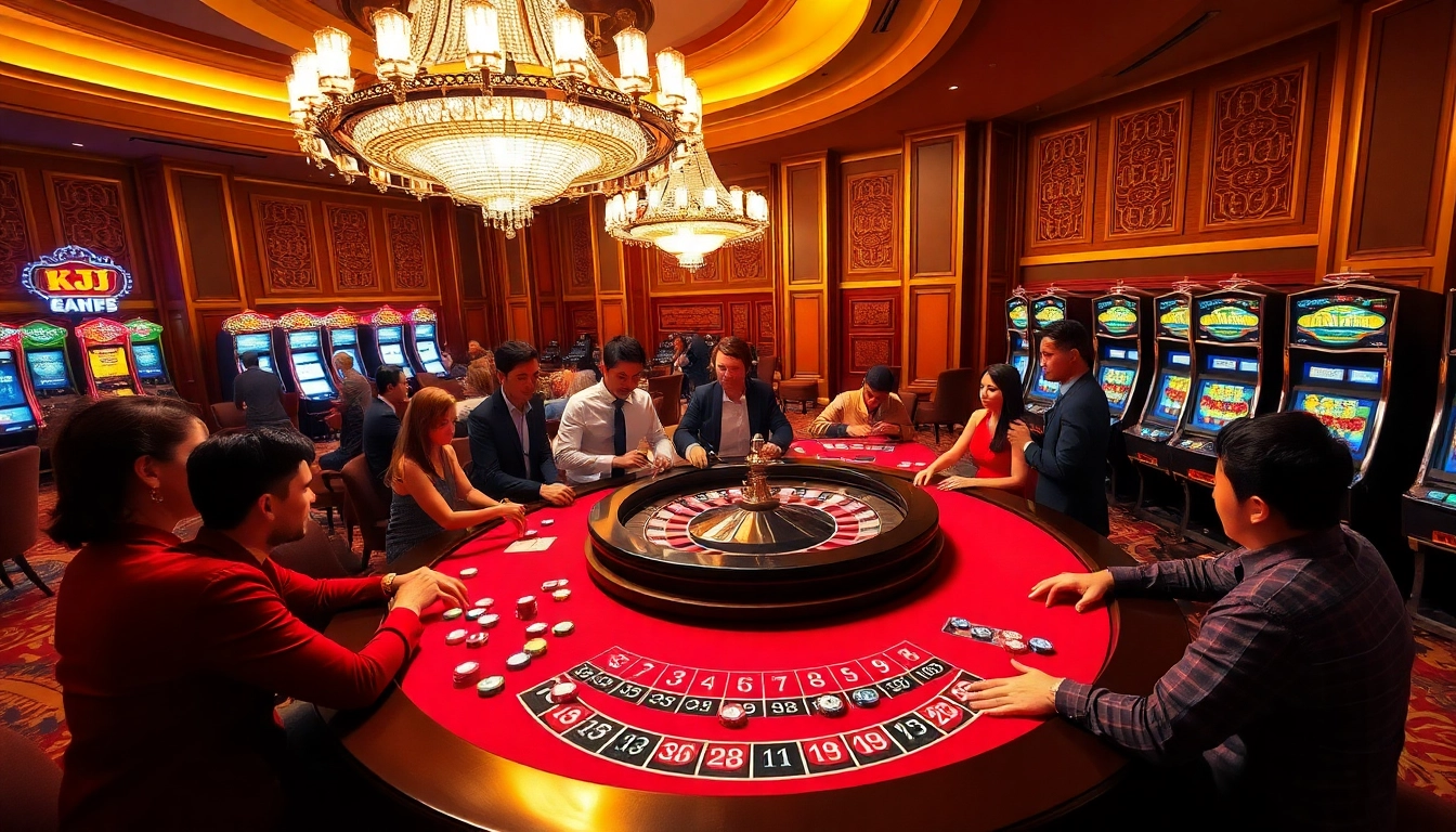 Players enjoying an exciting game at KJC's luxurious casino, showcasing roulette and poker dynamics.