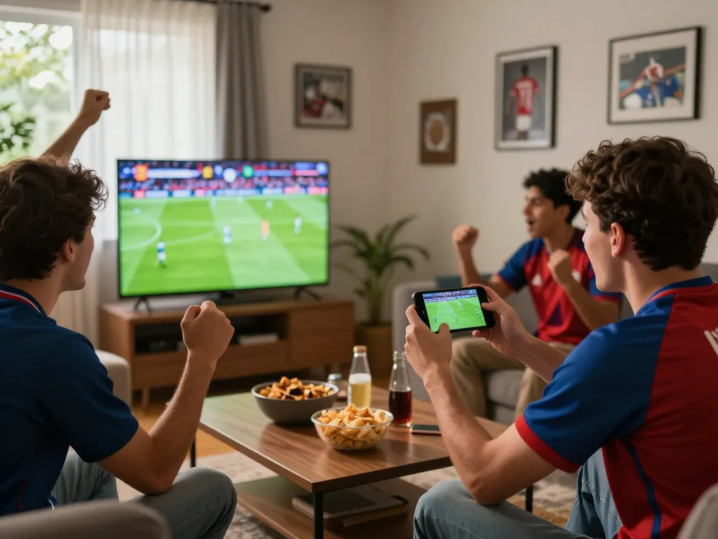 Excited soccer fan checks now goal live scores during a thrilling match at home.
