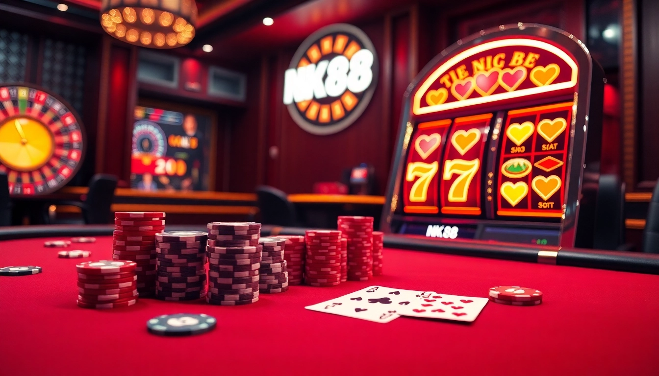 Engaging NK88 love poker table with stacked chips and glowing slot machine reels