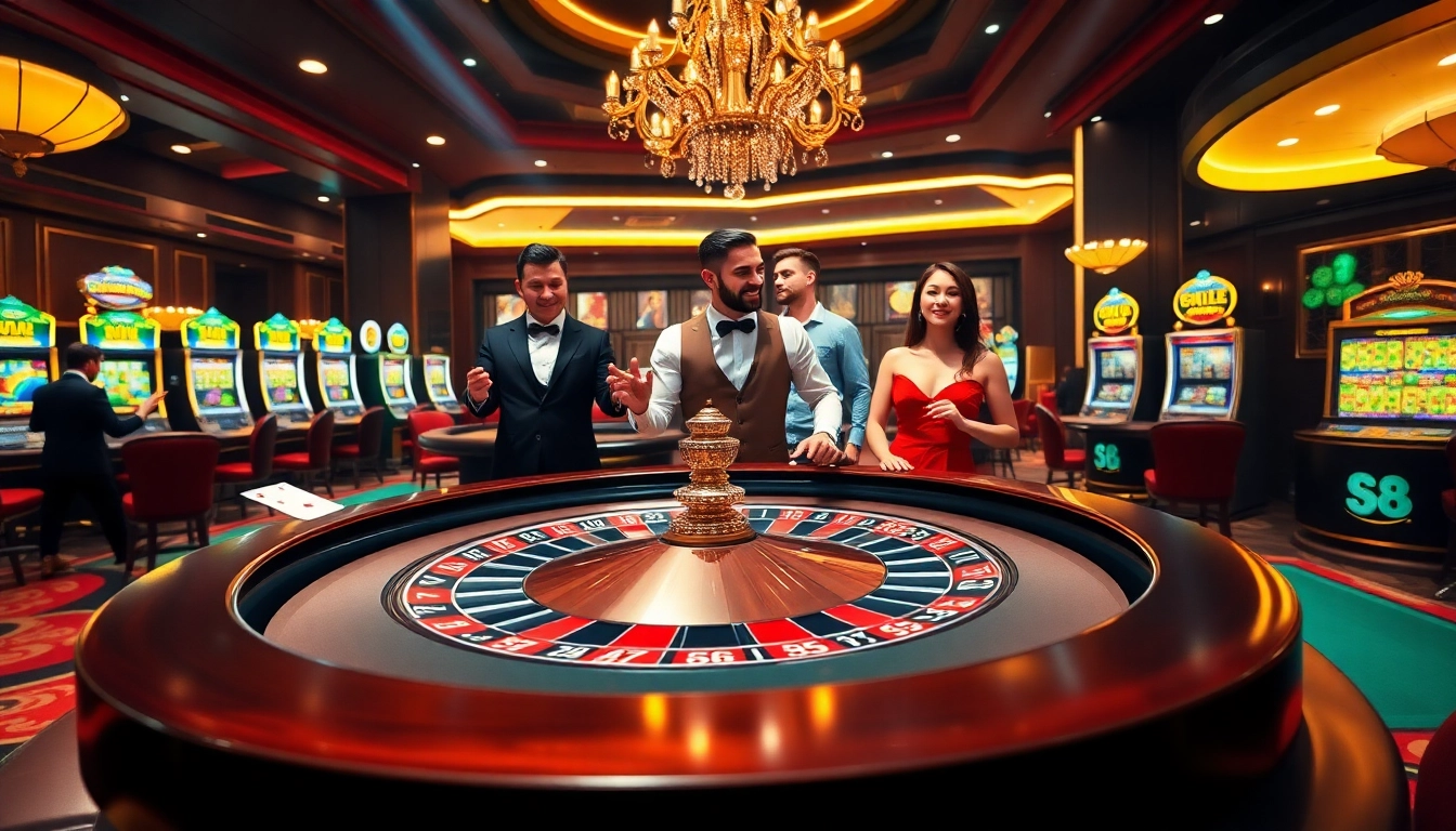 S8 casino players engaging at a vibrant roulette table with poker chips and cards.