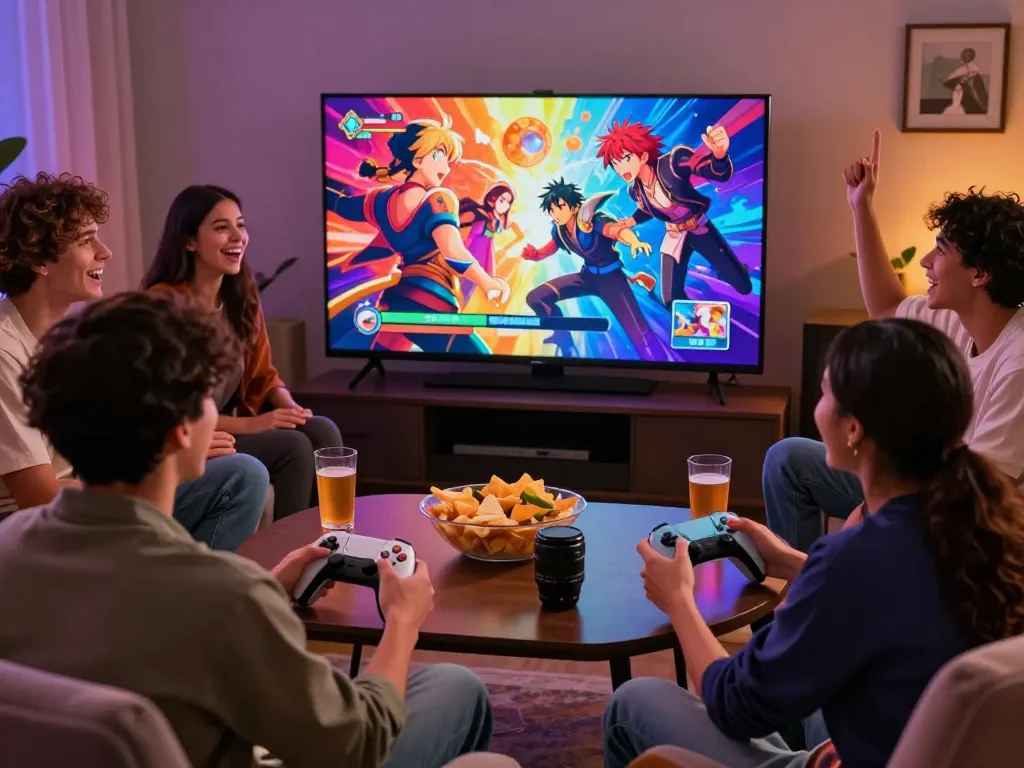 Engaging scene of friends playing sex games together in a colorful, interactive gaming setup.