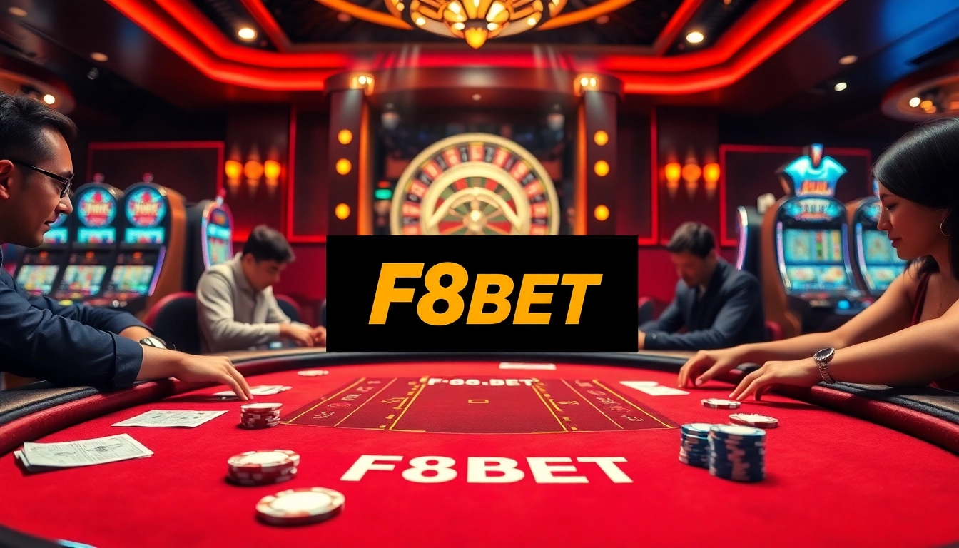 F8BET poker table setting showcasing excitement and luxury in online gambling.