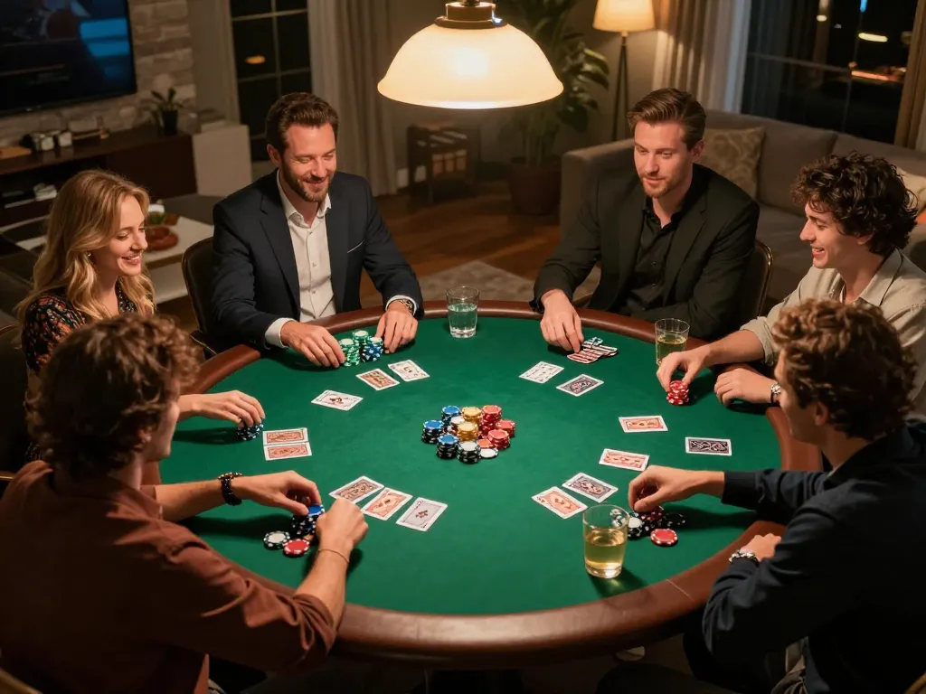 Friends enjoying a poker game at home, celebrating wins while using RR88 for an engaging experience.