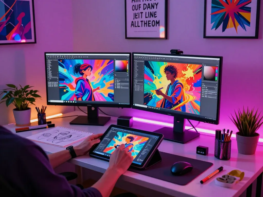 Creative digital artist creating ai nsfw imagery in a vibrant art studio.