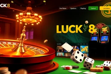LUCK8 online casino showcasing vibrant slot machines and poker chips in an elegant gambling interface.