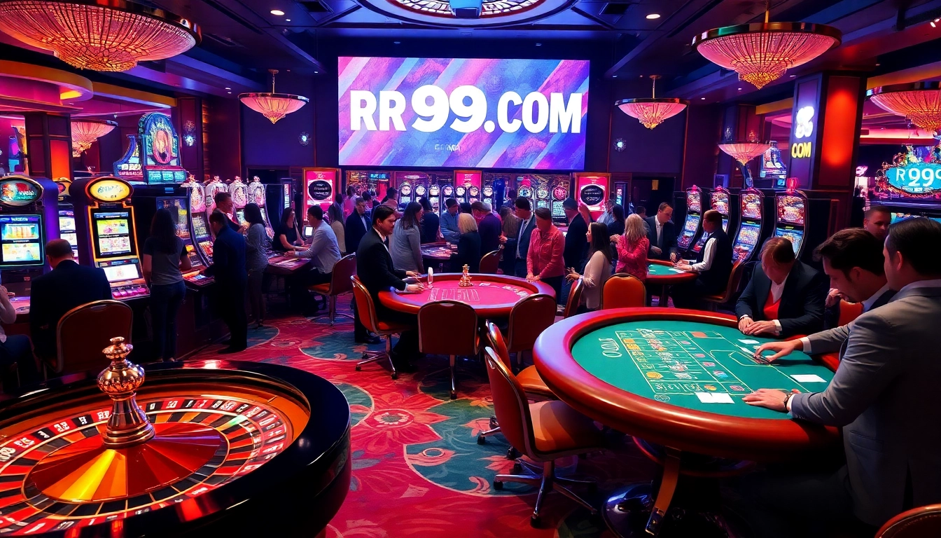Experience the thrill of gambling at RR99 COM with an exciting casino scene featuring poker, roulette, and vibrant players.