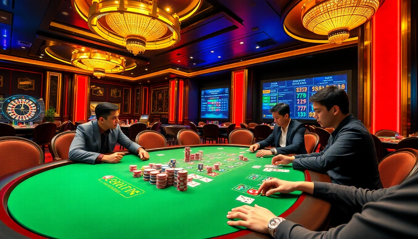 Engaged players enjoying high-stakes poker while showcasing chips and cards at 13win casino.
