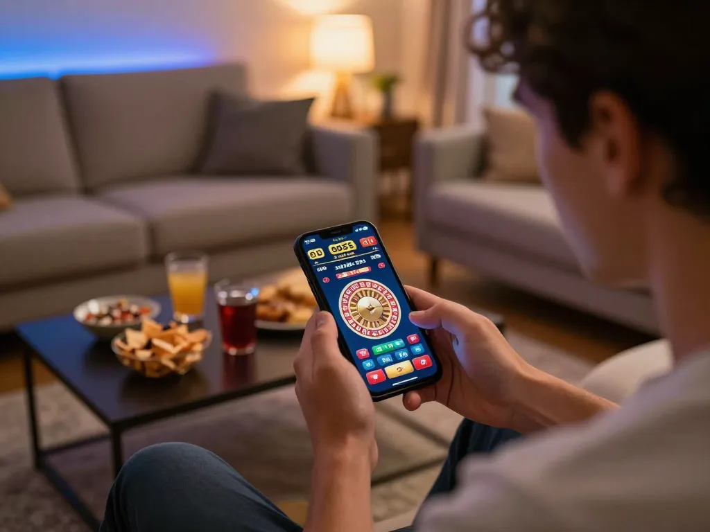 Engaged player betting on god55 mobile casino app, highlighting home gaming experience.