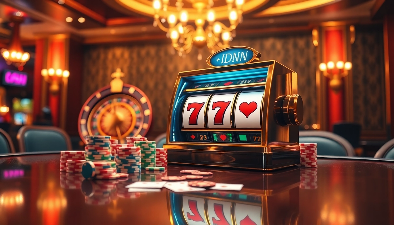 IDN slot machine surrounded by poker chips and vibrant cards in a luxurious casino setting