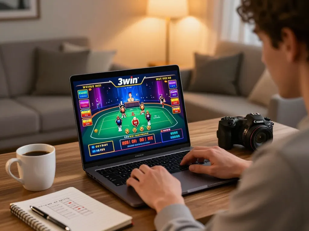 Engaging online gaming moment at 3win featuring a player using a laptop, strategic betting notes visible.