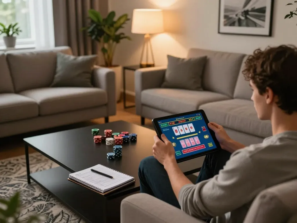 Okwintv user engaged in live dealer blackjack on tablet in cozy home setting