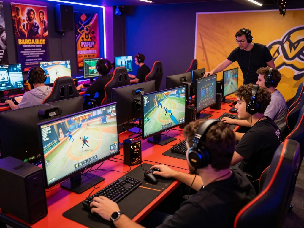 Engaging gaming arena showcasing players enjoying barcaslot's digital games in a lively atmosphere.