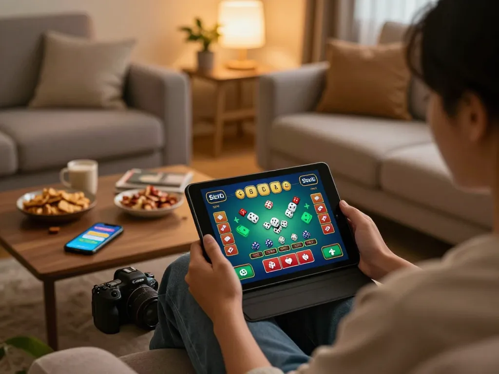 Engaging in online Sicbo gaming from the comfort of home with a tablet and delightful snacks.