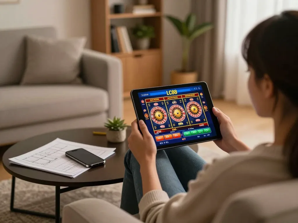 Engaging in online gaming at LC88 with vibrant interface on tablet and cozy home atmosphere.
