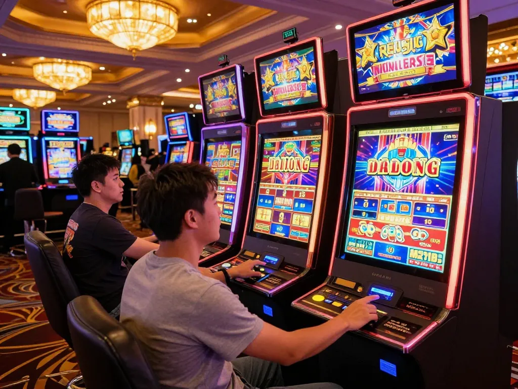 Players enjoying thrilling slot machines at DRAGON222 casino with vibrant displays and excitement