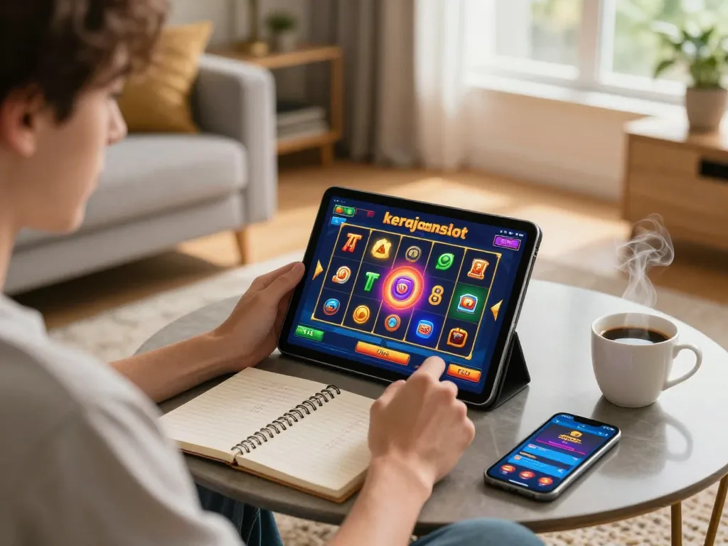 Engaging kerajaanslot online gaming moment with a player using a tablet at home, surrounded by strategy notes.