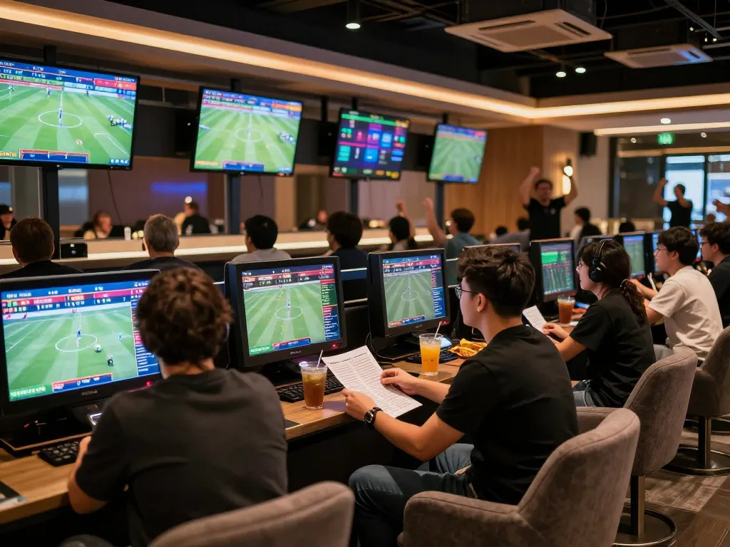 Tỷ lệ kèo nhà cái hôm nay: Excited bettors analyzing odds in a modern sports betting lounge.