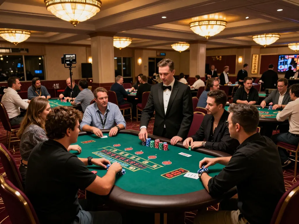 KONG 88 players strategizing bets at a bustling blackjack table in a lively casino atmosphere.