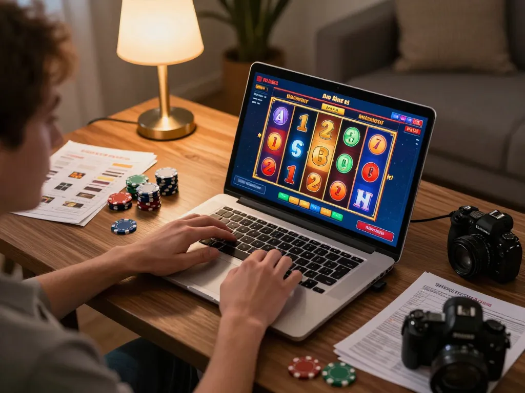Engaging online gambling scene with viral88 slots interface visible on laptop screen, showcasing player excitement and responsible gaming.