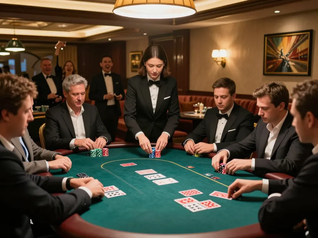 MU88 players strategizing at a luxury poker table during an intense game in a sophisticated casino.