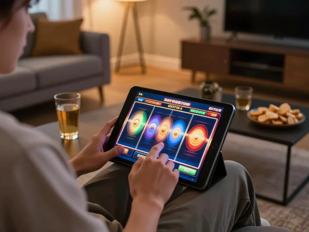 Player enjoying link indoslot88 resmi while spinning slots on a tablet in a cozy home setting