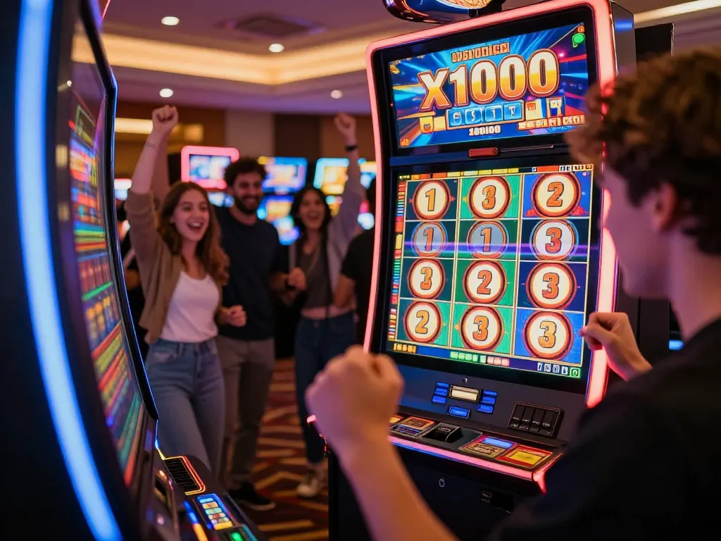 Player celebrating a big win on Slot x1000 machine in a lively casino environment