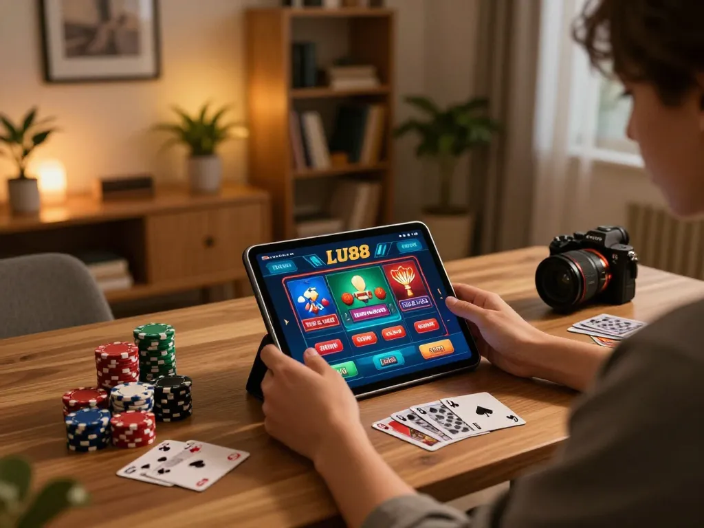Player engaging with LU88 casino app on tablet at stylish home desk