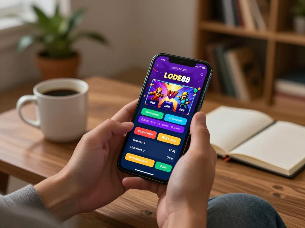 Placing bets on LODE88 app during a cozy home gaming session, highlighting smartphone usage.
