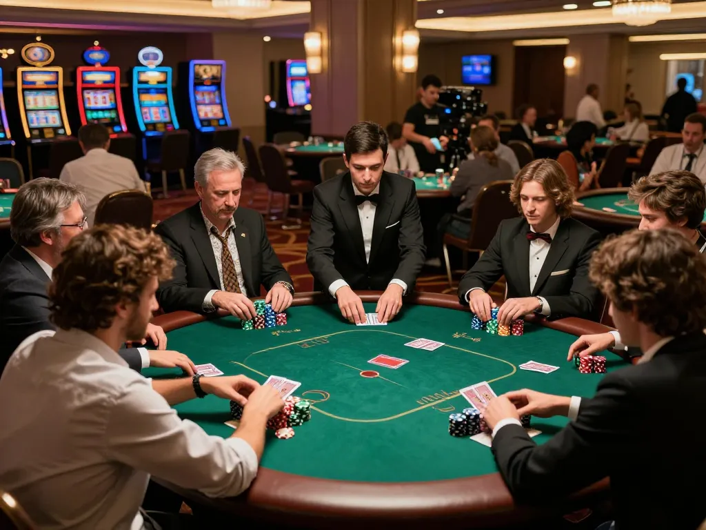 sunwin poker players strategizing with dealer in upscale casino, vibrant lights