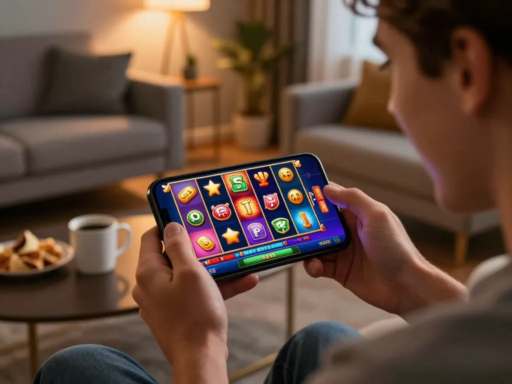 Play thrilling online slots at 789P on a smartphone, showcasing vibrant graphics and an engaging atmosphere.