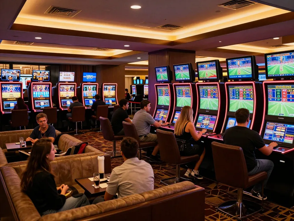 Engaged sports bettors researching odds at the DA88 lounge, vibrant screens displaying live matches