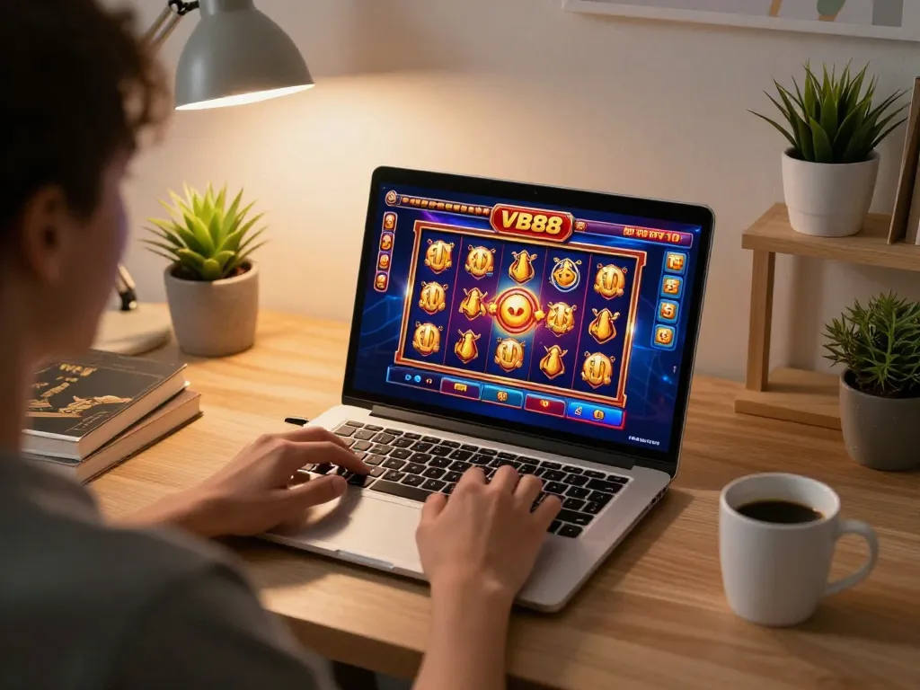 Engaging gameplay of VB88 slot machines on a laptop in a cozy home office setting, highlighting responsible gaming.