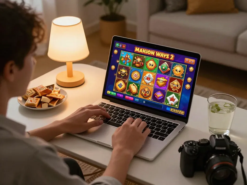 Enjoying the online slot game situs slot mahjong on a cozy laptop setup with snacks and drinks.