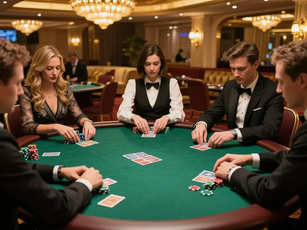 Players strategizing at TIP88's poker table beneath warm casino lighting.