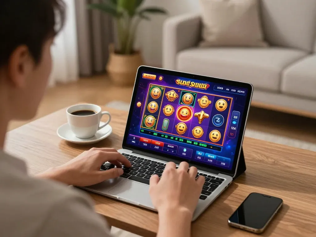 Engaged player using tablet for slot pulsa gaming in a cozy home environment