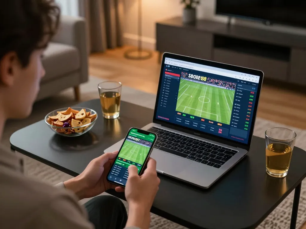 Engaging in live sbobet88 sports betting on smartphone in a modern home setting.