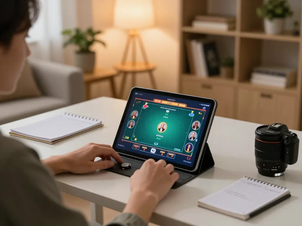 Bermain poker meledak88 di tablet dalam suasana rumah yang nyaman, menampilkan atmosfer permainan yang strategis