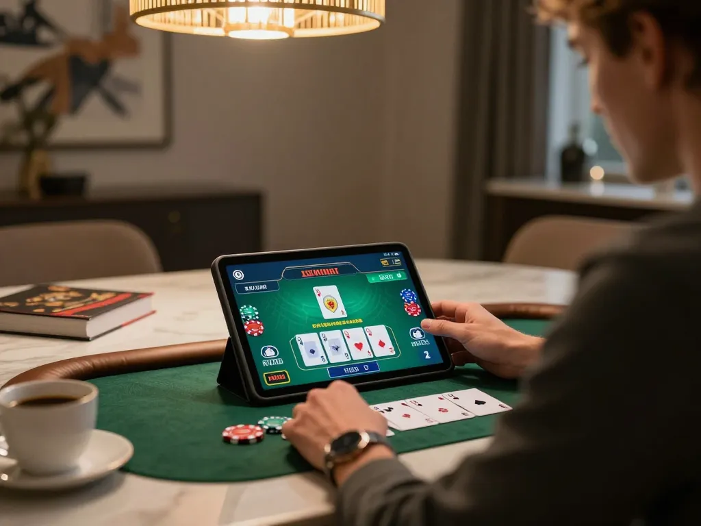 Player engaged in live dealer blackjack on aw8 tablet at stylish dining table