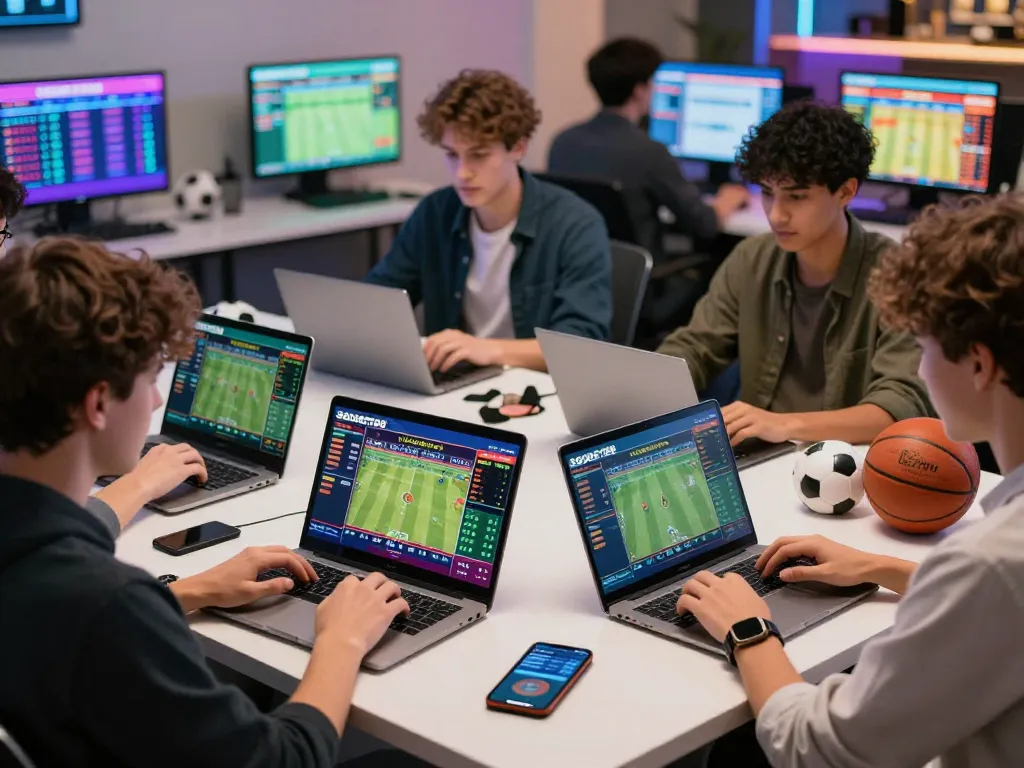 SBOBET88 online betting scene with players engaging in sports betting and using laptops.