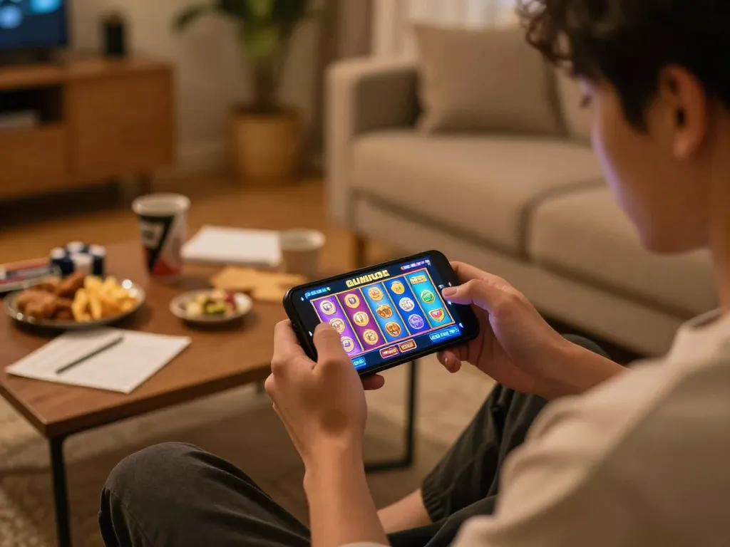 Playing slot gacor on smartphone at home, showcasing vibrant gaming experience.